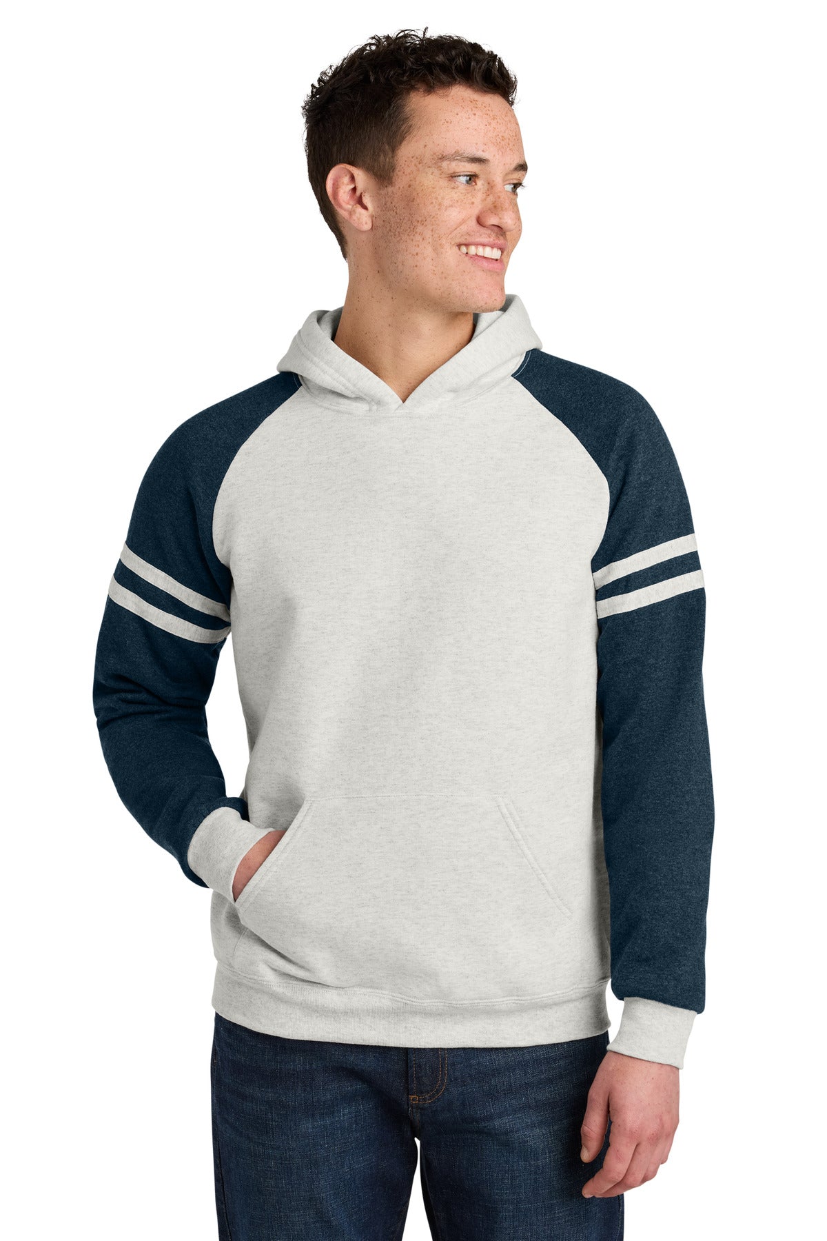 Jerzees Unisex NuBlend Varsity Colorblock Hooded Sweatshirt - Oatmeal Heather/ Indigo Heather