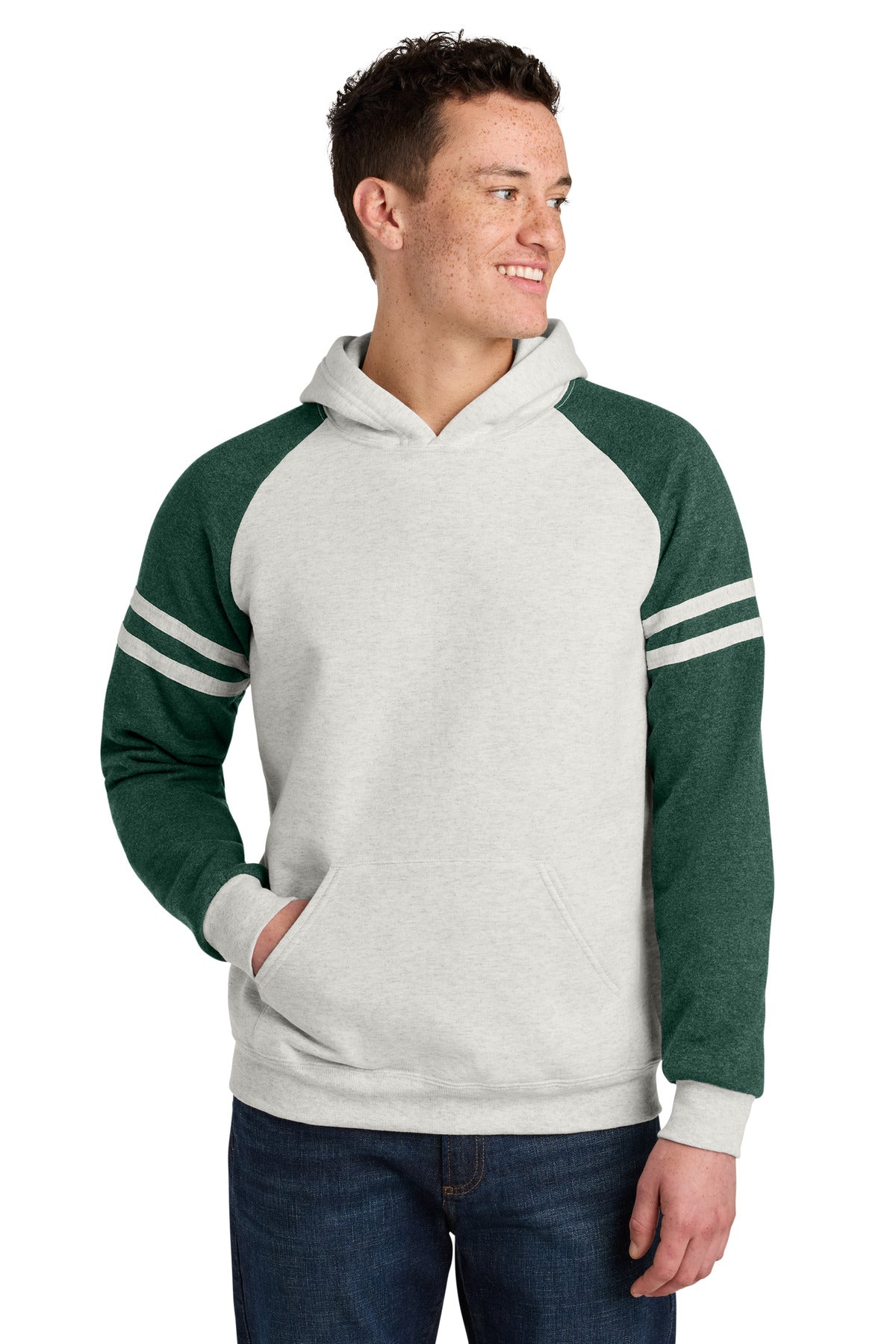 Jerzees Unisex NuBlend Varsity Colorblock Hooded Sweatshirt - Oatmeal Heather/ Forest Green Heather
