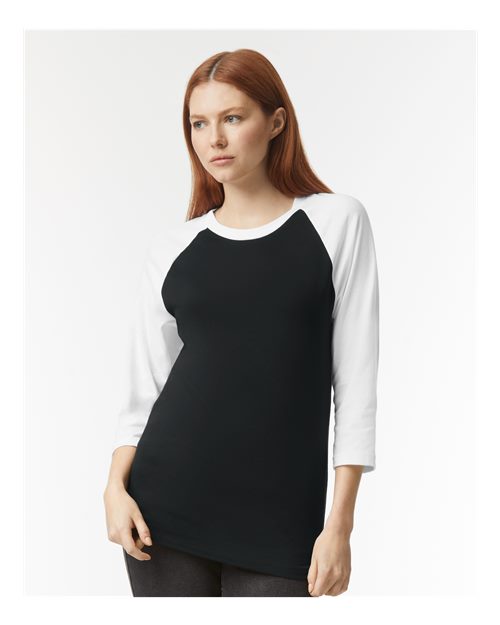 Unisex CVC Three-Quarter Sleeve Tee - Black/ White