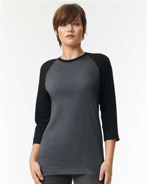 Unisex CVC Three-Quarter Sleeve Tee - Heather Charcoal/ Black