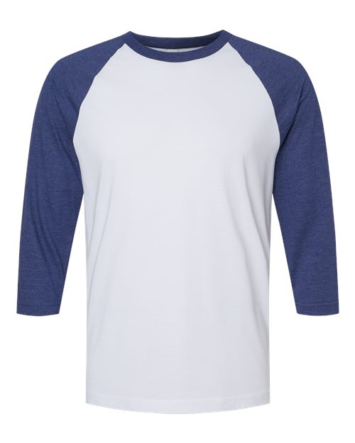 Unisex CVC Three-Quarter Sleeve Tee - White/ Heather Indigo