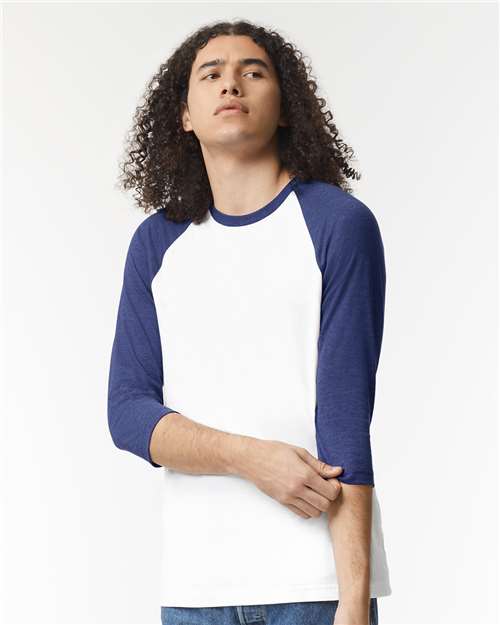 Unisex CVC Three-Quarter Sleeve Tee - White/ Heather Indigo