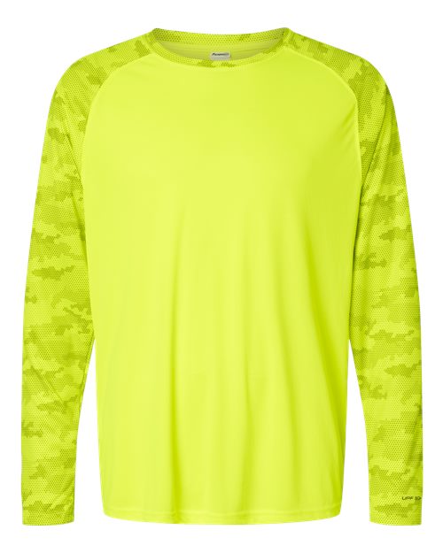 Unisex Cayman Performance Camo Colorblocked Long Sleeve T-Shirt - Safety Green