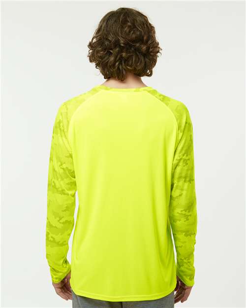 Unisex Cayman Performance Camo Colorblocked Long Sleeve T-Shirt - Safety Green