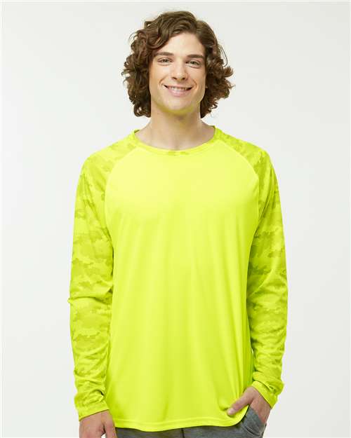 Unisex Cayman Performance Camo Colorblocked Long Sleeve T-Shirt - Safety Green