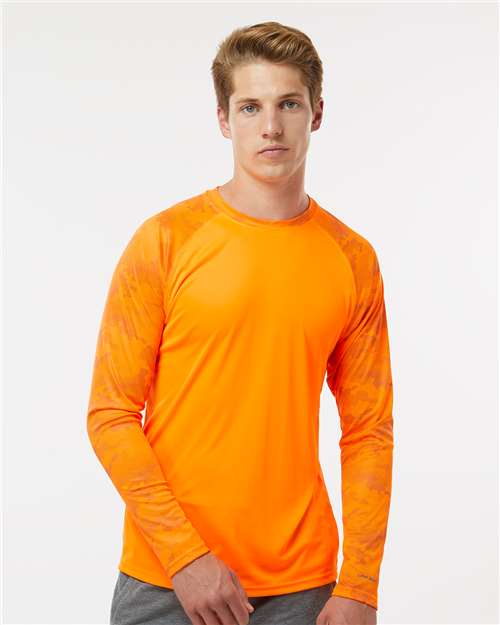 Unisex Cayman Performance Camo Colorblocked Long Sleeve T-Shirt - Neon Orange
