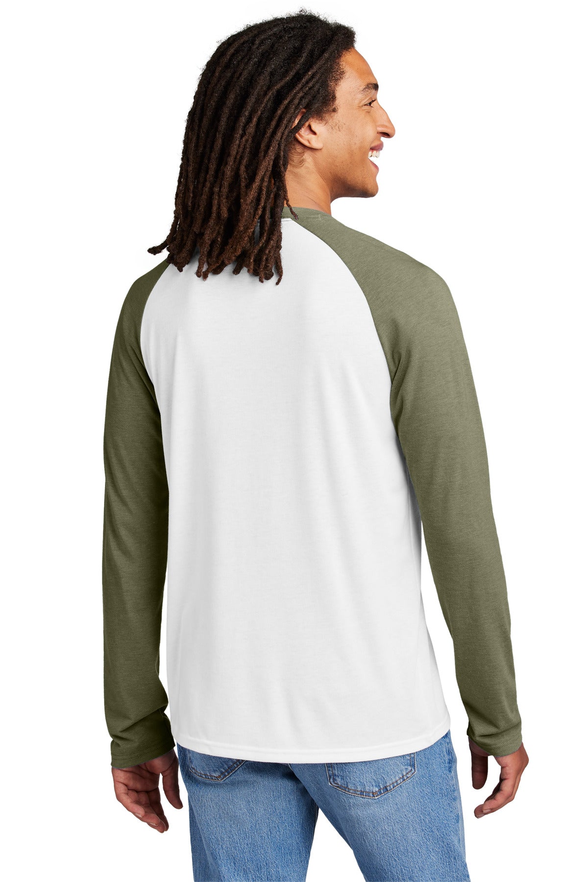 Allmade Unisex Tri-Blend Long Sleeve Colorblock Raglan - Olive You Green/ Bright White