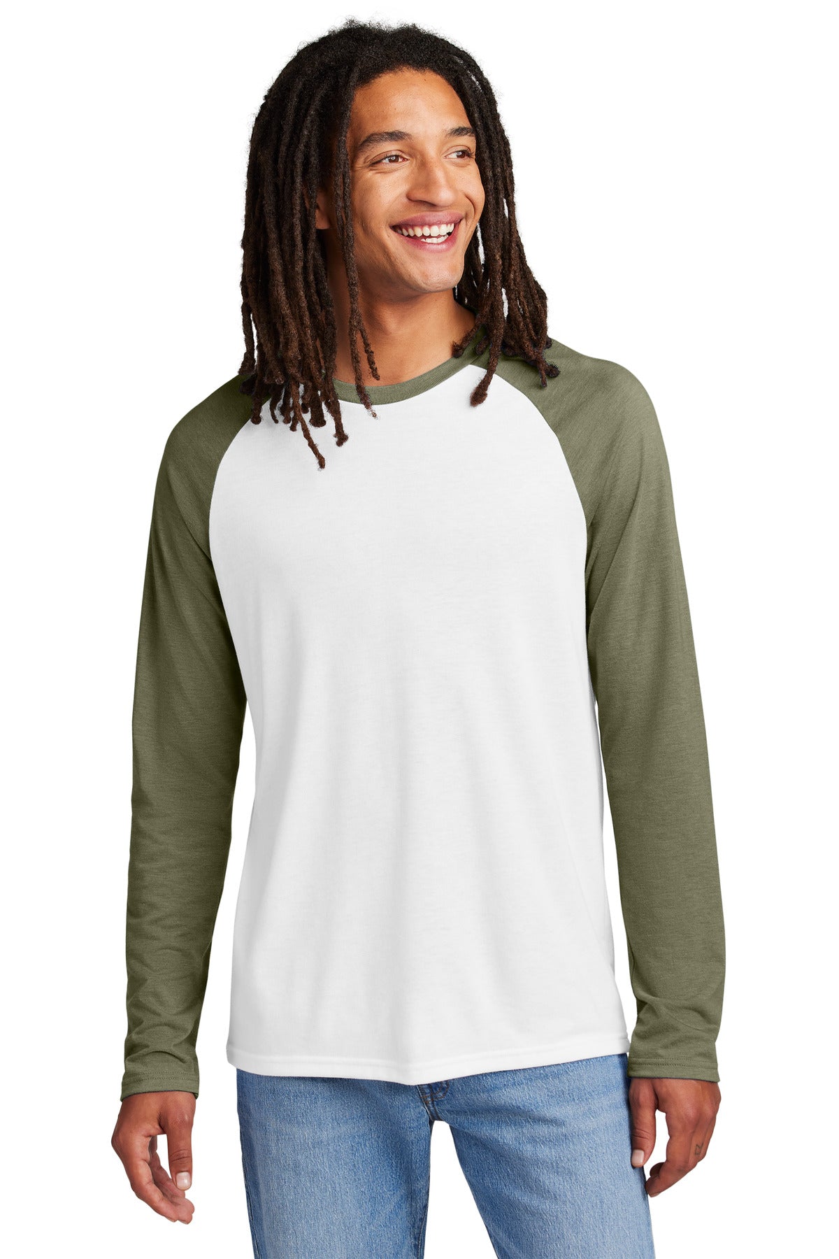 Allmade Unisex Tri-Blend Long Sleeve Colorblock Raglan - Olive You Green/ Bright White