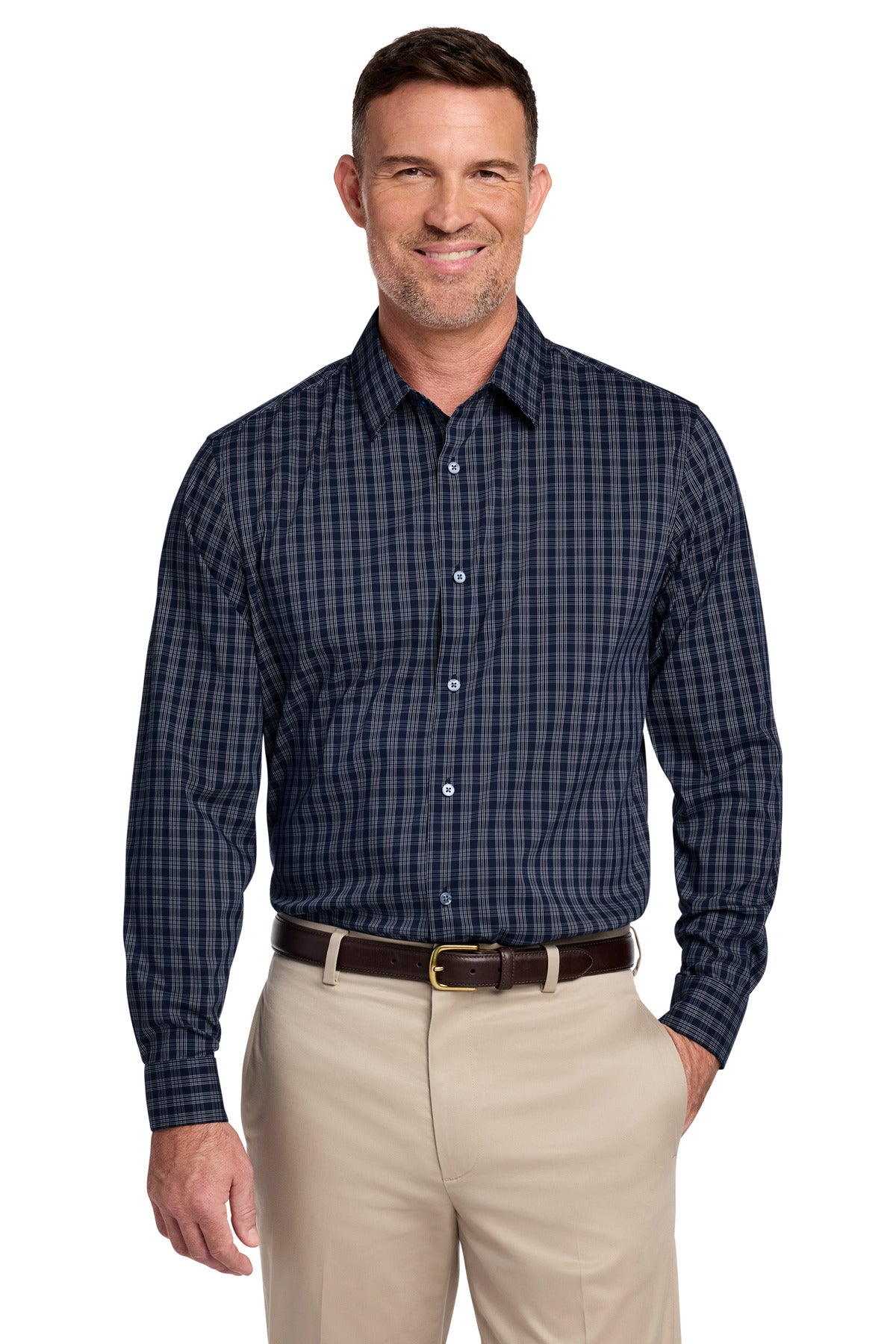 Brooks Brothers Tech Stretch Patterned Shirt - Navy Blazer/ White Grid Check