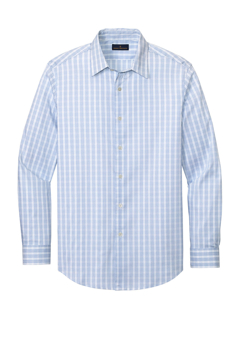 Brooks Brothers Tech Stretch Patterned Shirt - White/ Newport Blue Grid Check