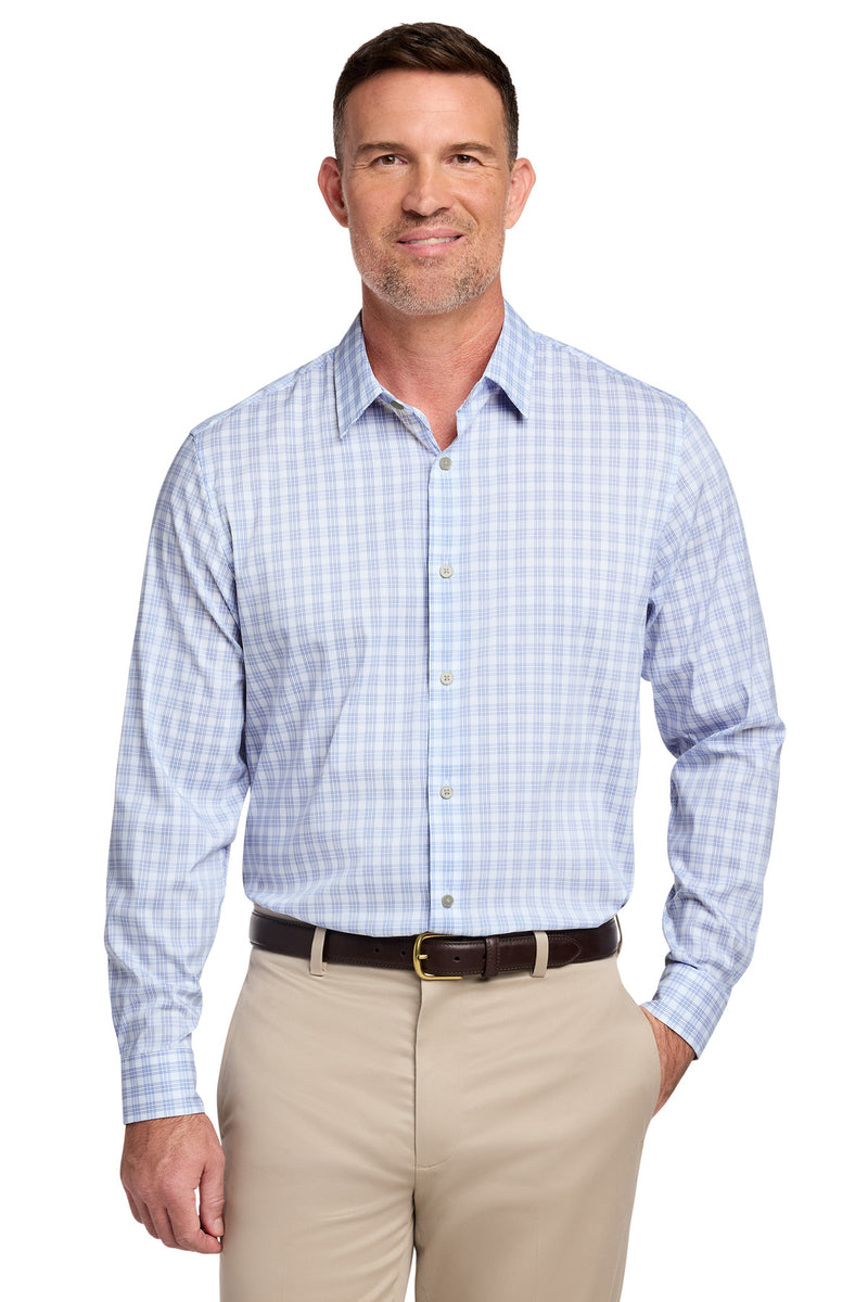 Brooks Brothers Tech Stretch Patterned Shirt - White/ Newport Blue Grid Check