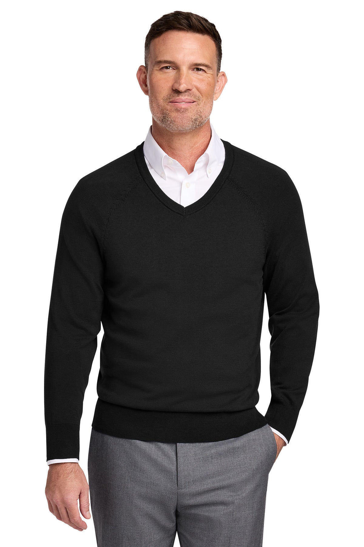 Brooks Brothers Cotton Stretch V-Neck Sweater - Deep Black