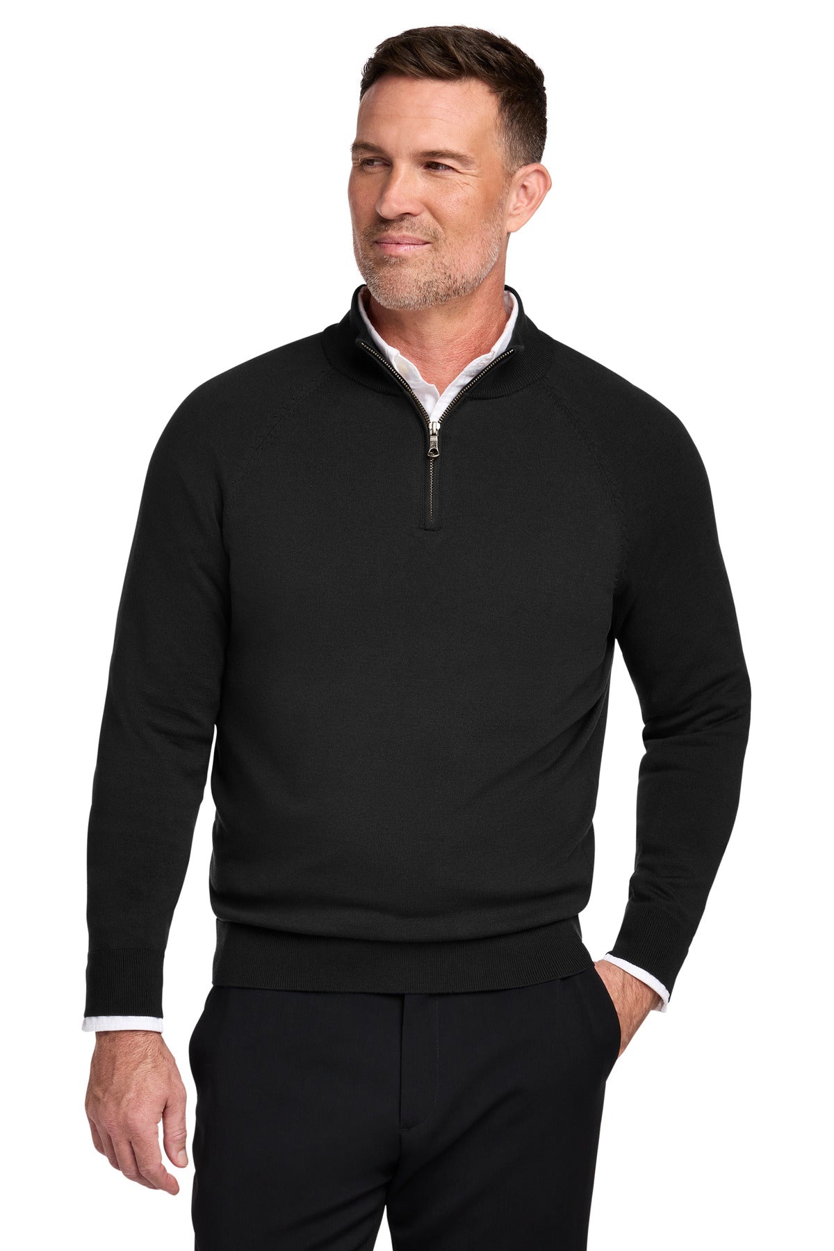 Brooks Brothers Cotton Stretch 1/4-Zip Sweater - Deep Black