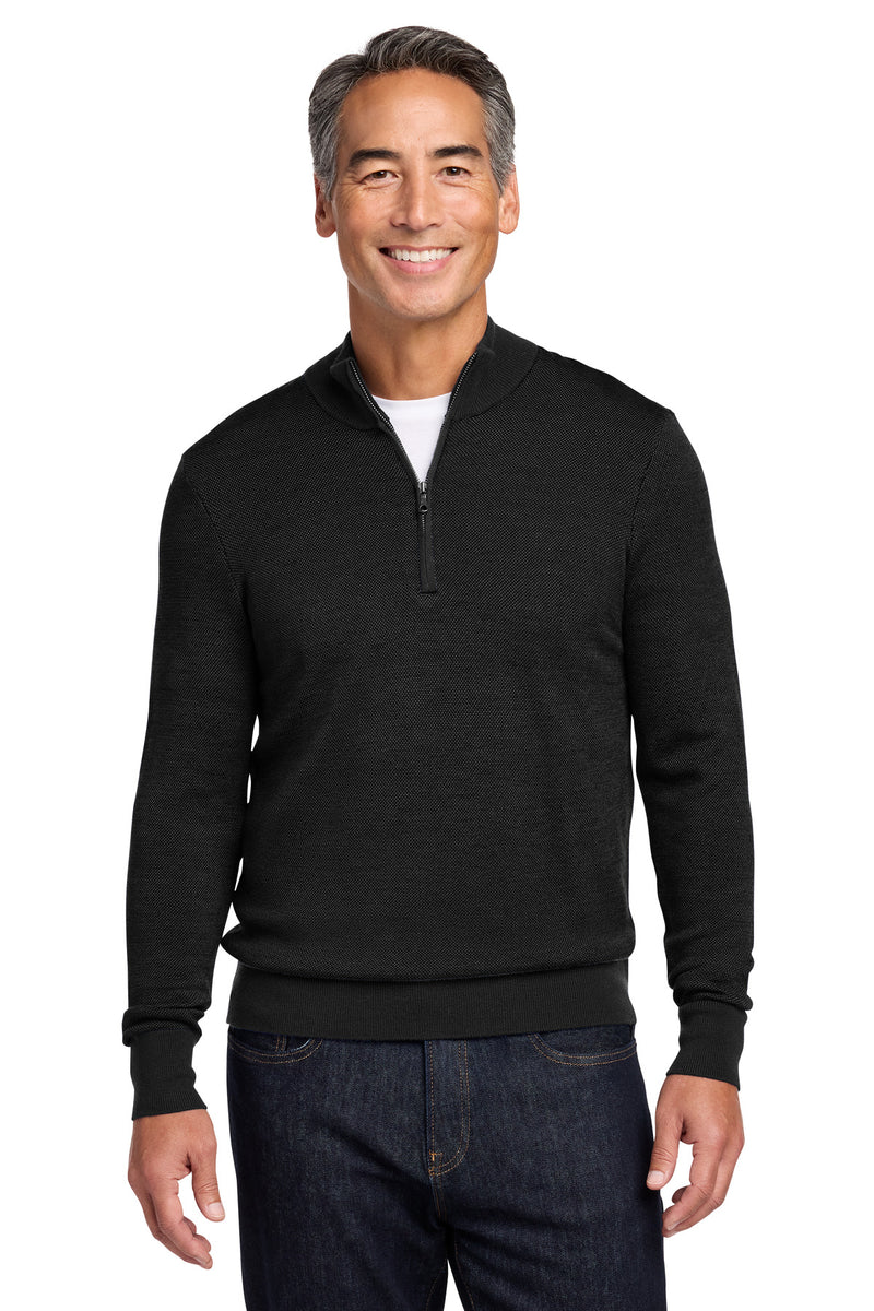 Brooks Brothers Washable Merino Birdseye 1/4-Zip Sweater - Deep Black