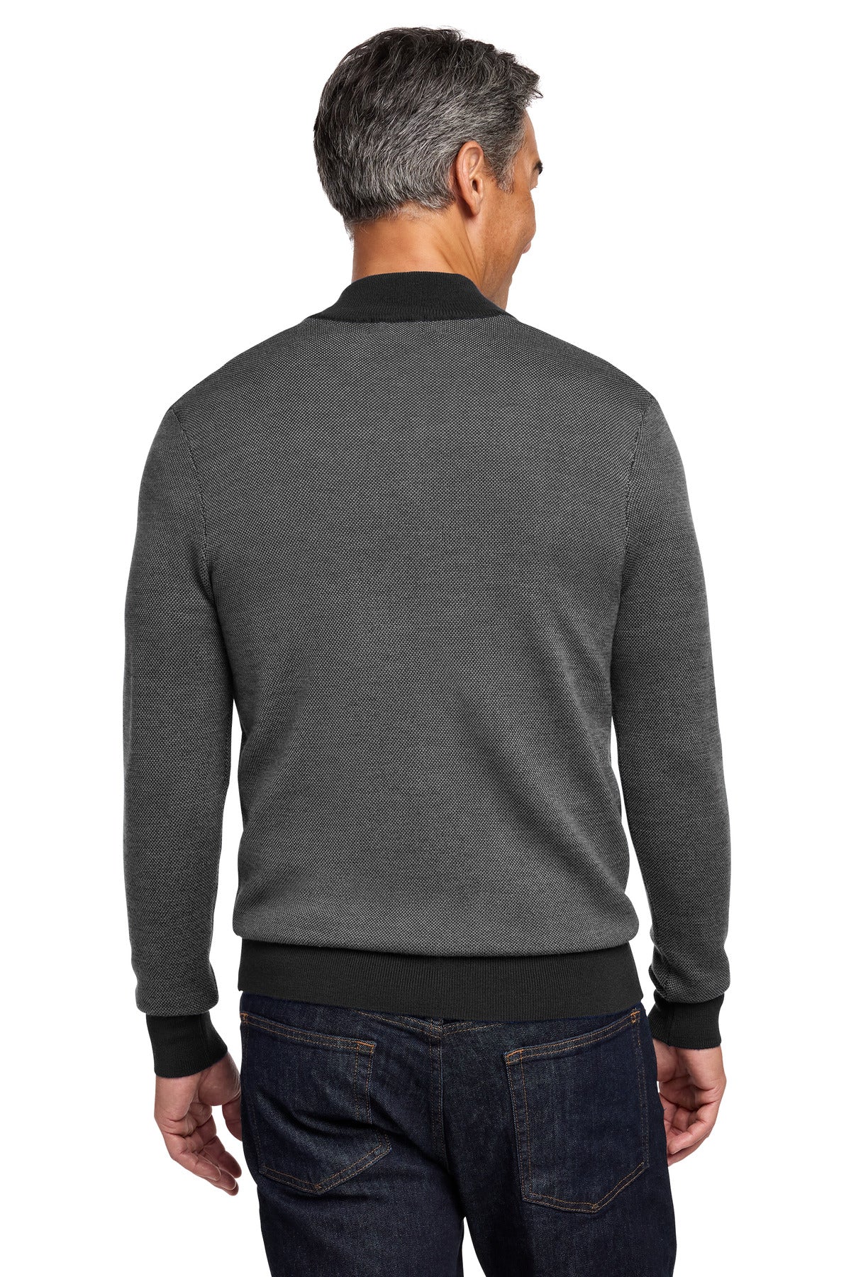 Brooks Brothers Washable Merino Birdseye 1/4-Zip Sweater - Deep Black/ Shadow Grey