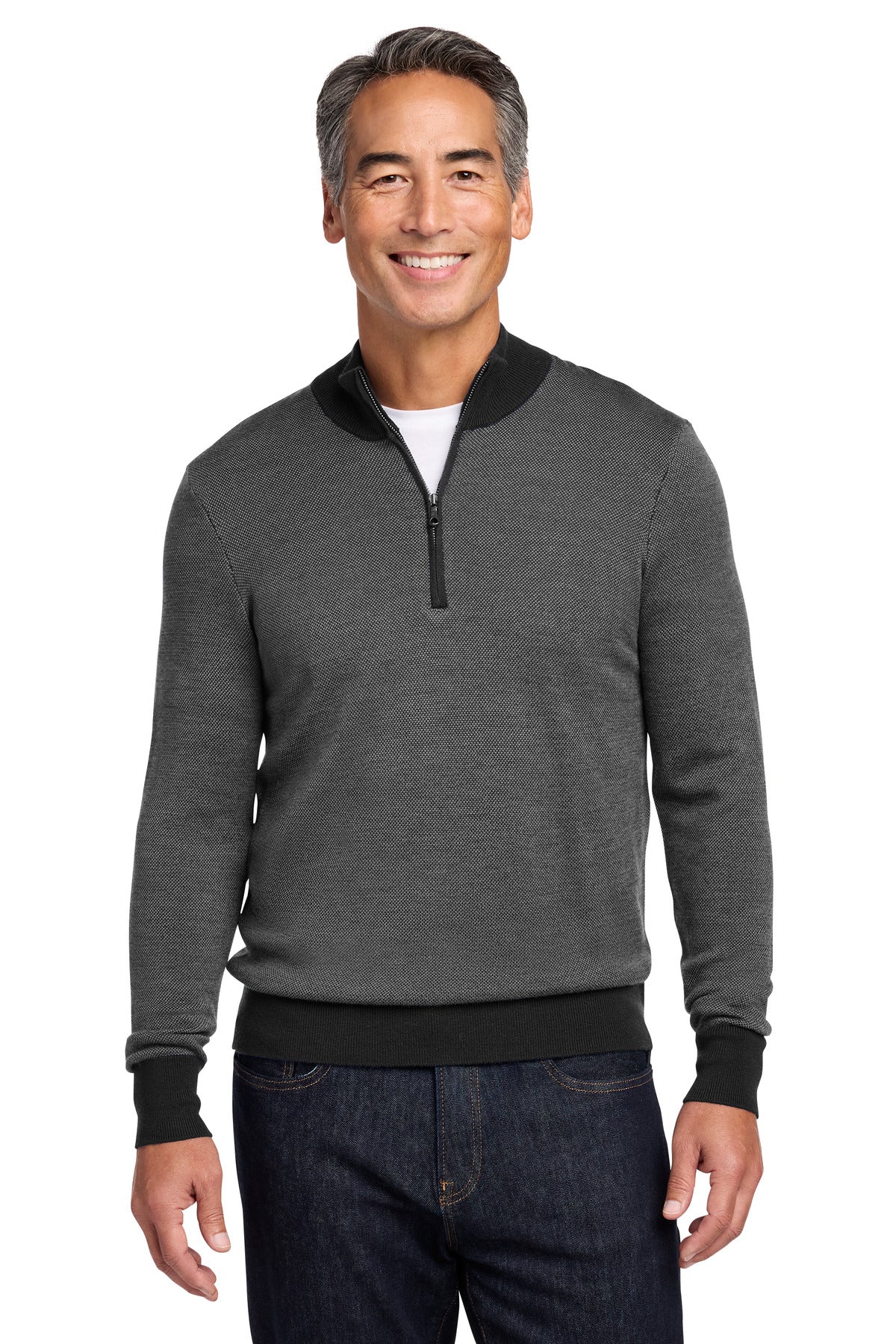 Brooks Brothers Washable Merino Birdseye 1/4-Zip Sweater - Deep Black/ Shadow Grey