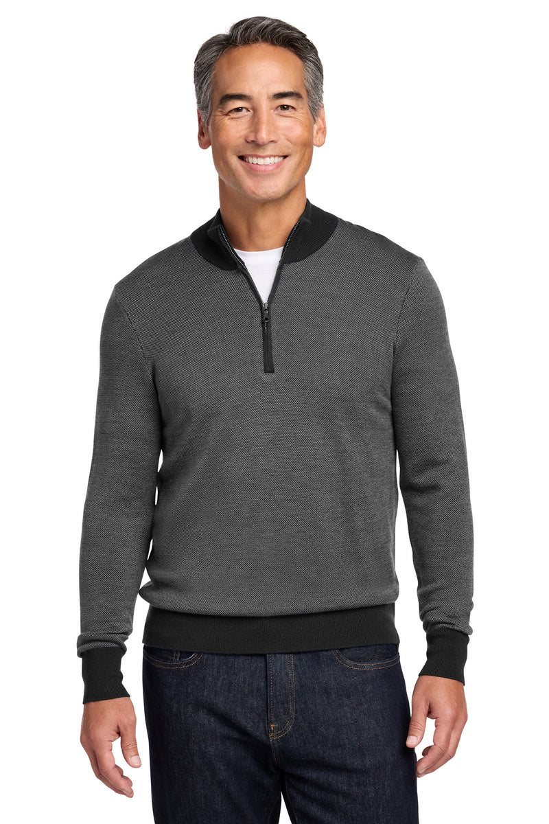 Brooks Brothers Washable Merino Birdseye 1/4-Zip Sweater - Deep Black/ Shadow Grey