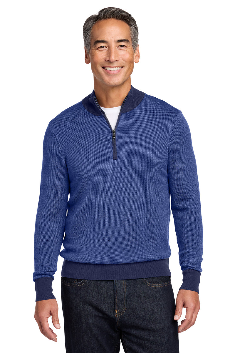 Brooks Brothers Washable Merino Birdseye 1/4-Zip Sweater - Navy/ Compass Blue