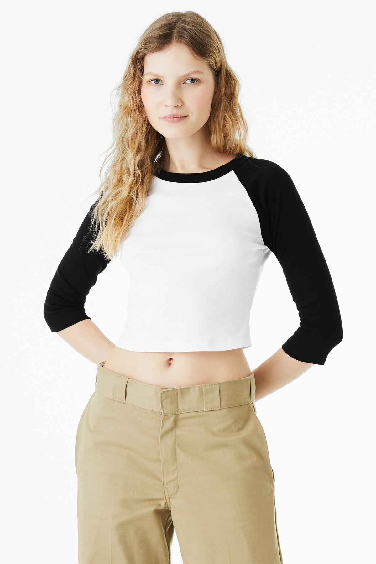 BELLA+CANVAS Women's Micro Rib 3/4 Raglan Baby Tee - White/ Black