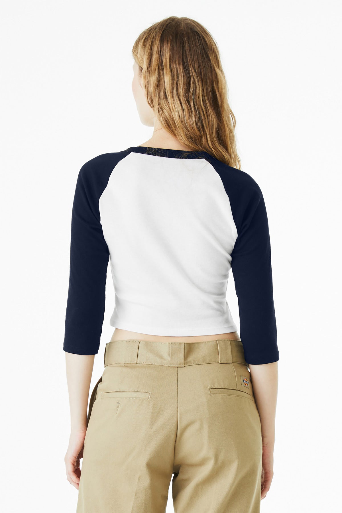 BELLA+CANVAS Women's Micro Rib 3/4 Raglan Baby Tee - White/ Navy