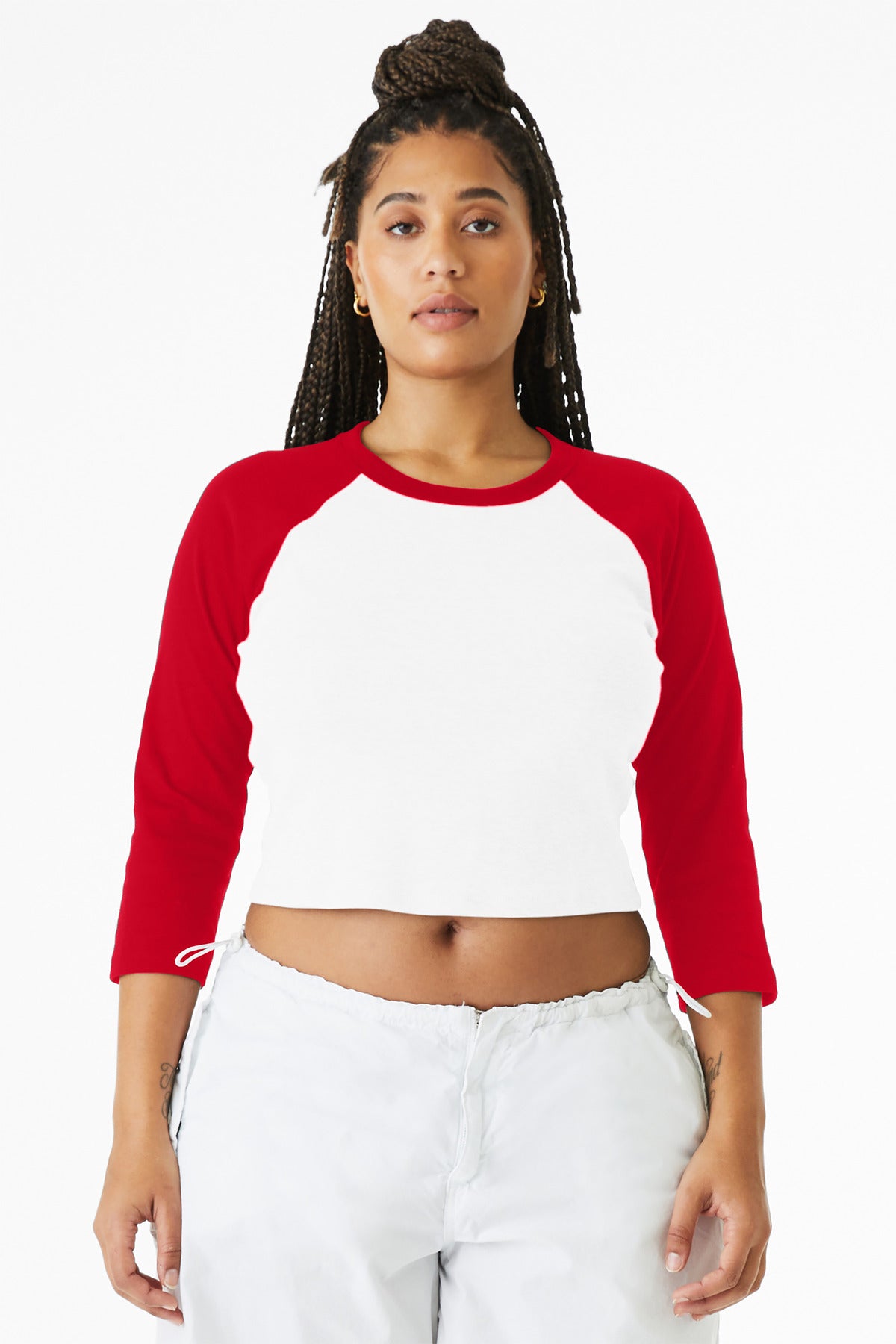 BELLA+CANVAS Women's Micro Rib 3/4 Raglan Baby Tee - White/ Red