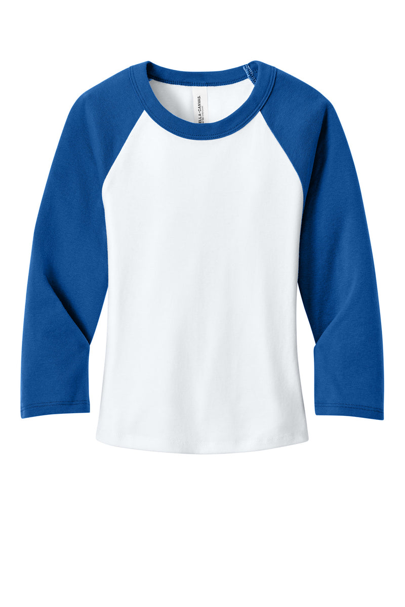 BELLA+CANVAS Women's Micro Rib 3/4 Raglan Baby Tee - White/ True Royal