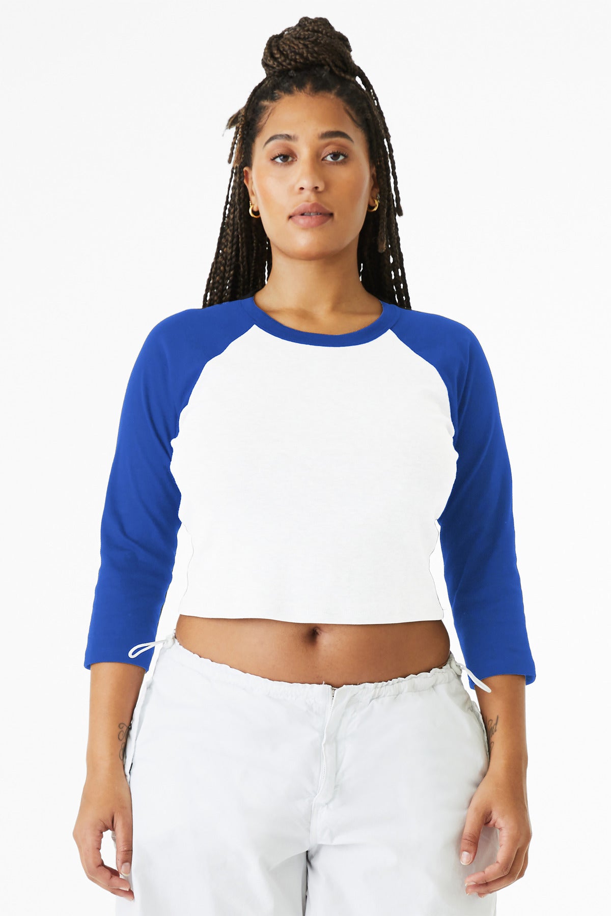 BELLA+CANVAS Women's Micro Rib 3/4 Raglan Baby Tee - White/ True Royal