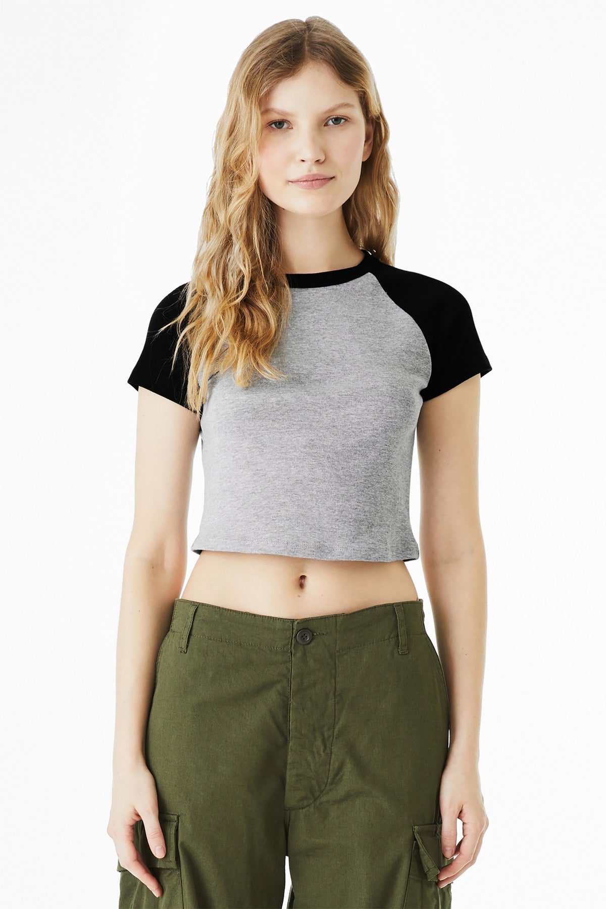 BELLA+CANVAS Women's Micro Rib Raglan Baby Tee - Athletic Heather/ Black