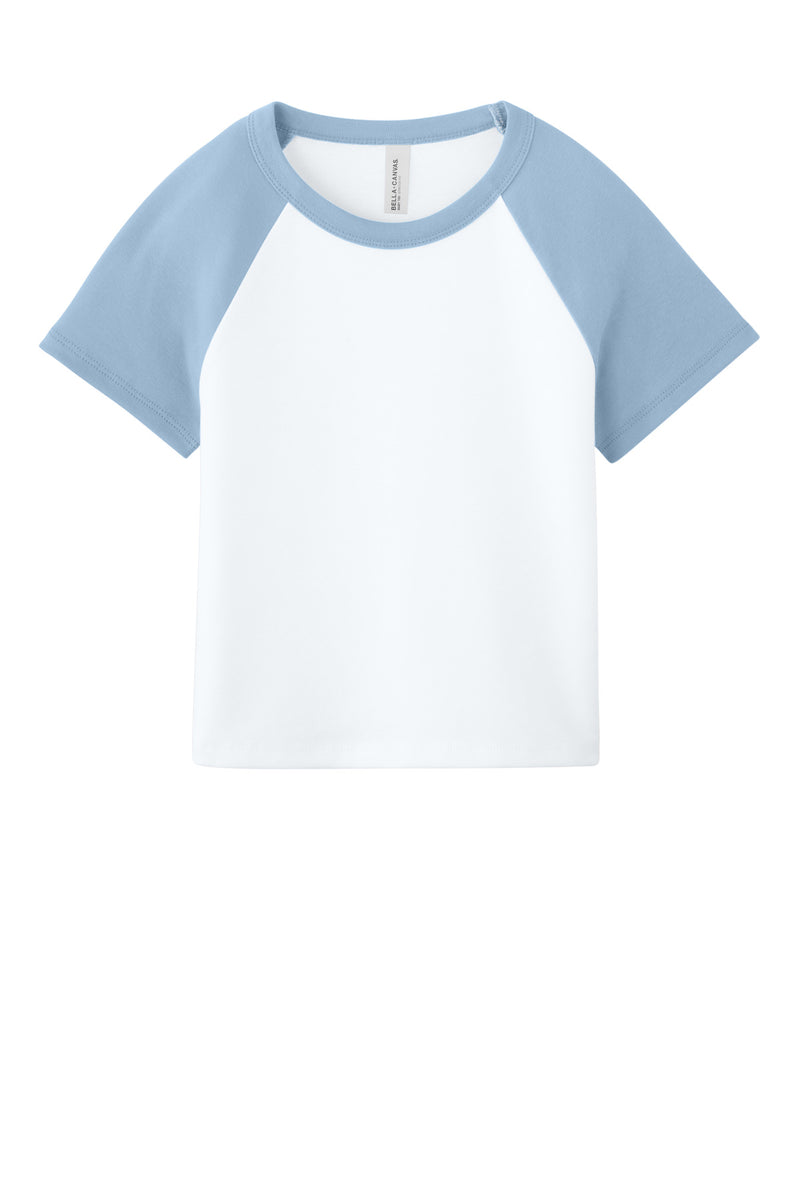 BELLA+CANVAS Women's Micro Rib Raglan Baby Tee - White/ Baby Blue