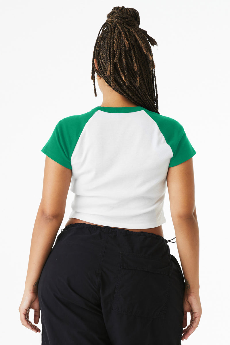 BELLA+CANVAS Women's Micro Rib Raglan Baby Tee - White/ Kelly