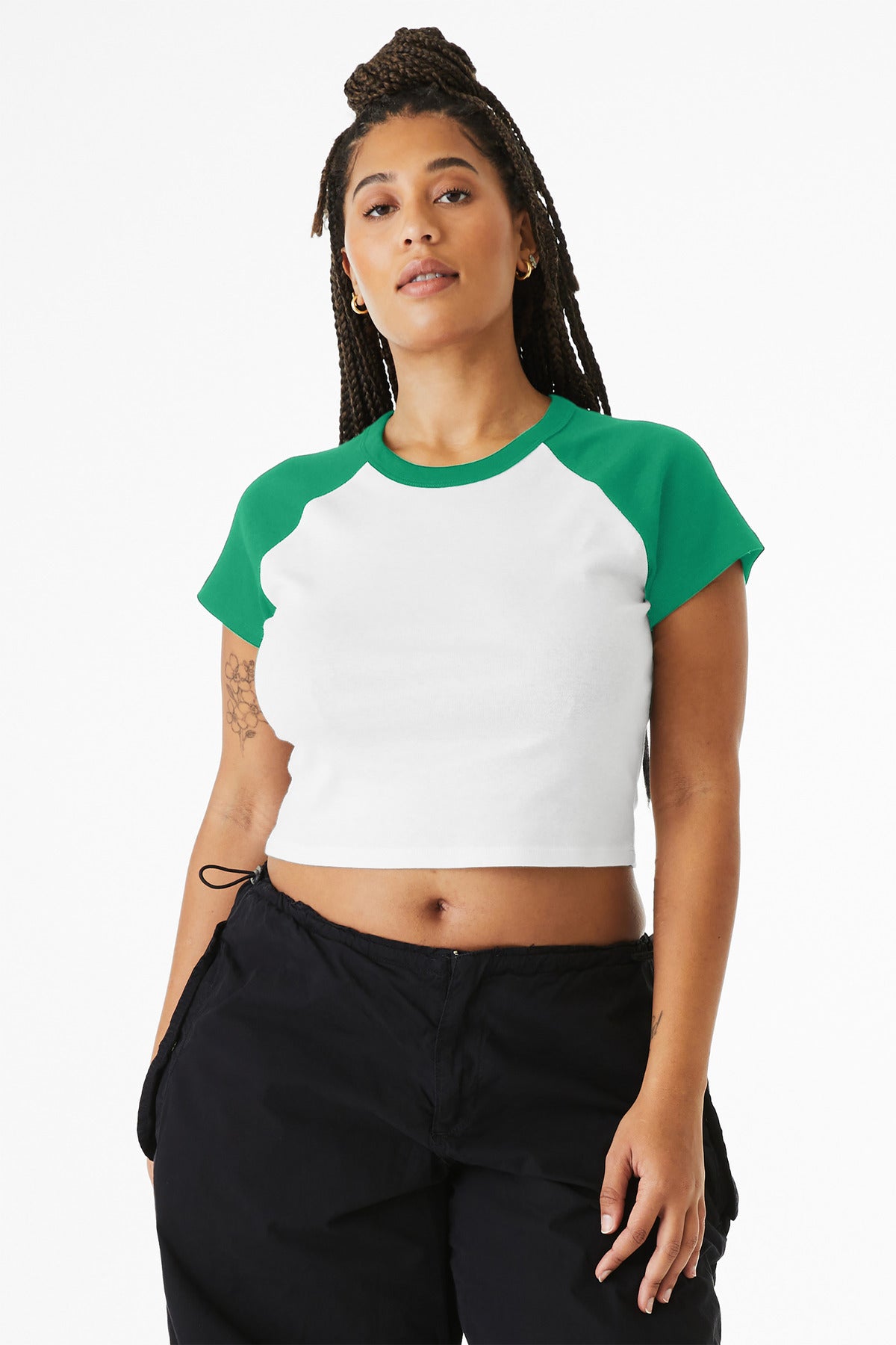 BELLA+CANVAS Women's Micro Rib Raglan Baby Tee - White/ Kelly