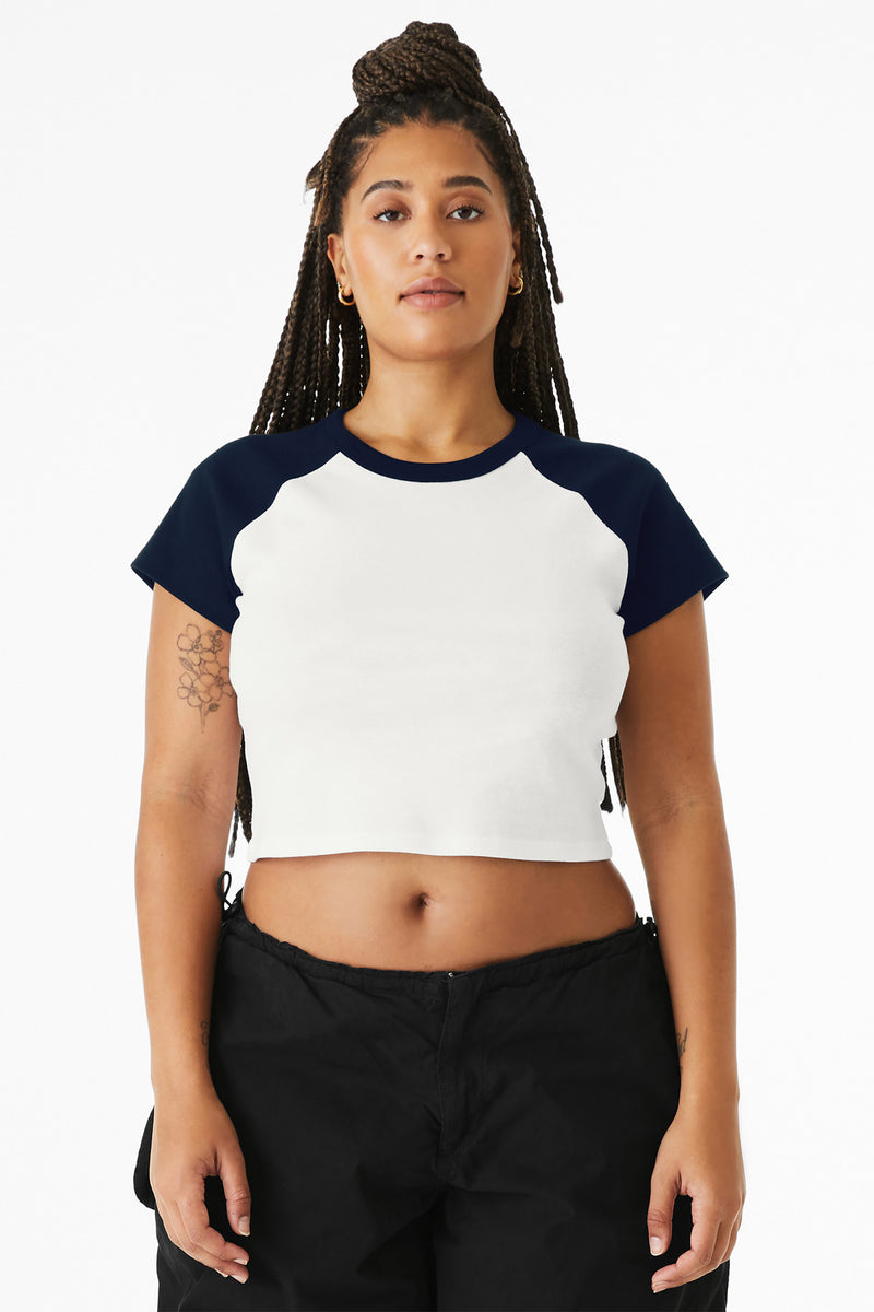 BELLA+CANVAS Women's Micro Rib Raglan Baby Tee - White/ Navy
