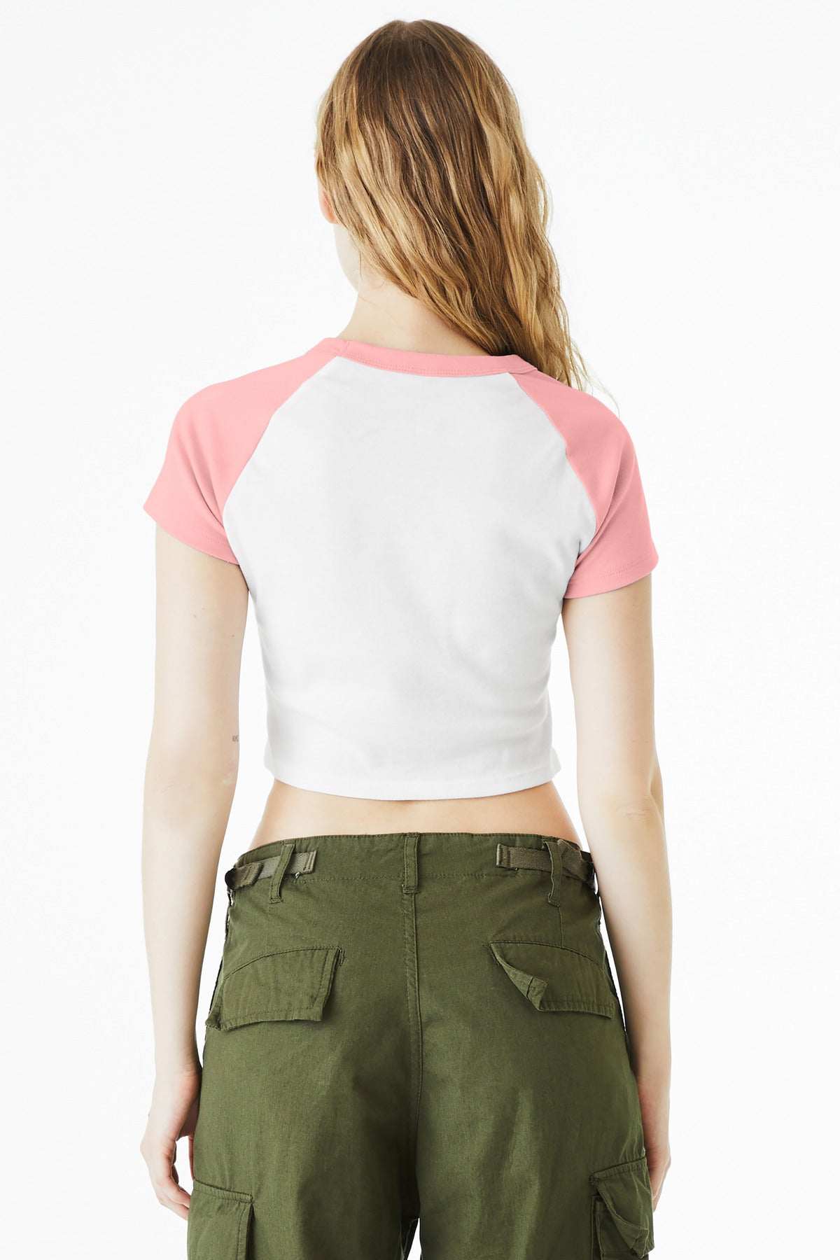 BELLA+CANVAS Women's Micro Rib Raglan Baby Tee - White/ Pink