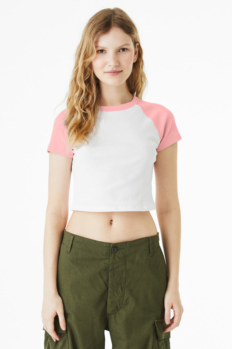 BELLA+CANVAS Women's Micro Rib Raglan Baby Tee - White/ Pink