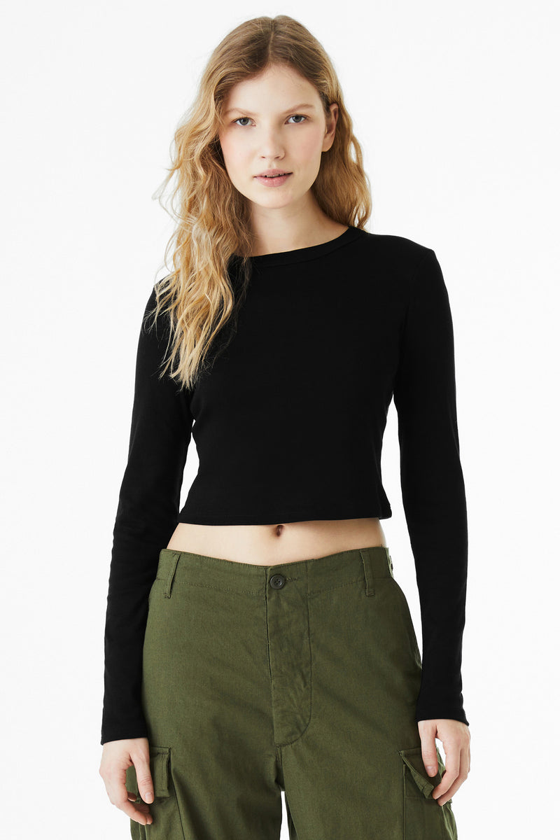 BELLA+CANVAS Women's Micro Rib Long Sleeve Baby Tee - Solid Black Blend