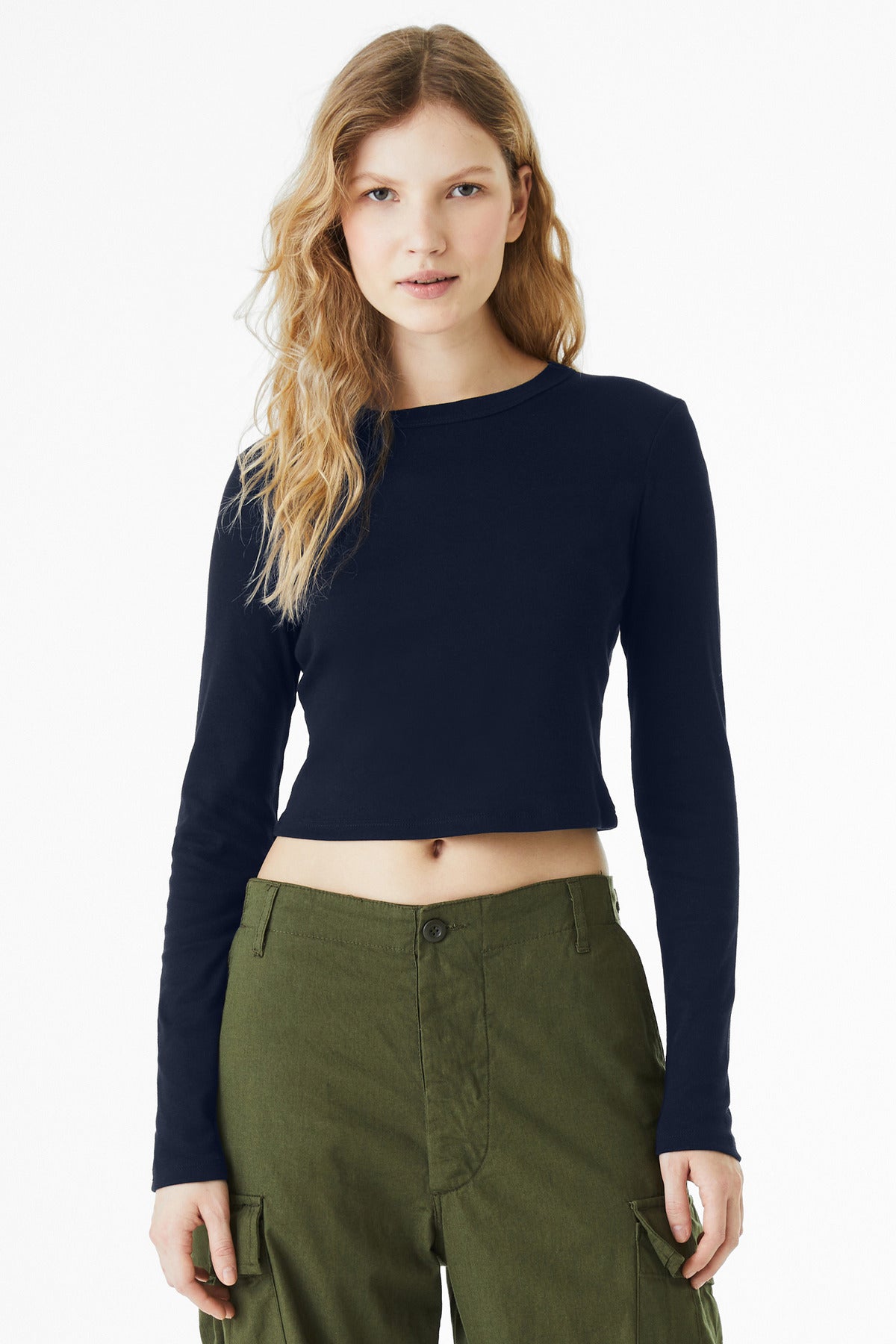 BELLA+CANVAS Women's Micro Rib Long Sleeve Baby Tee - Solid Navy Blend
