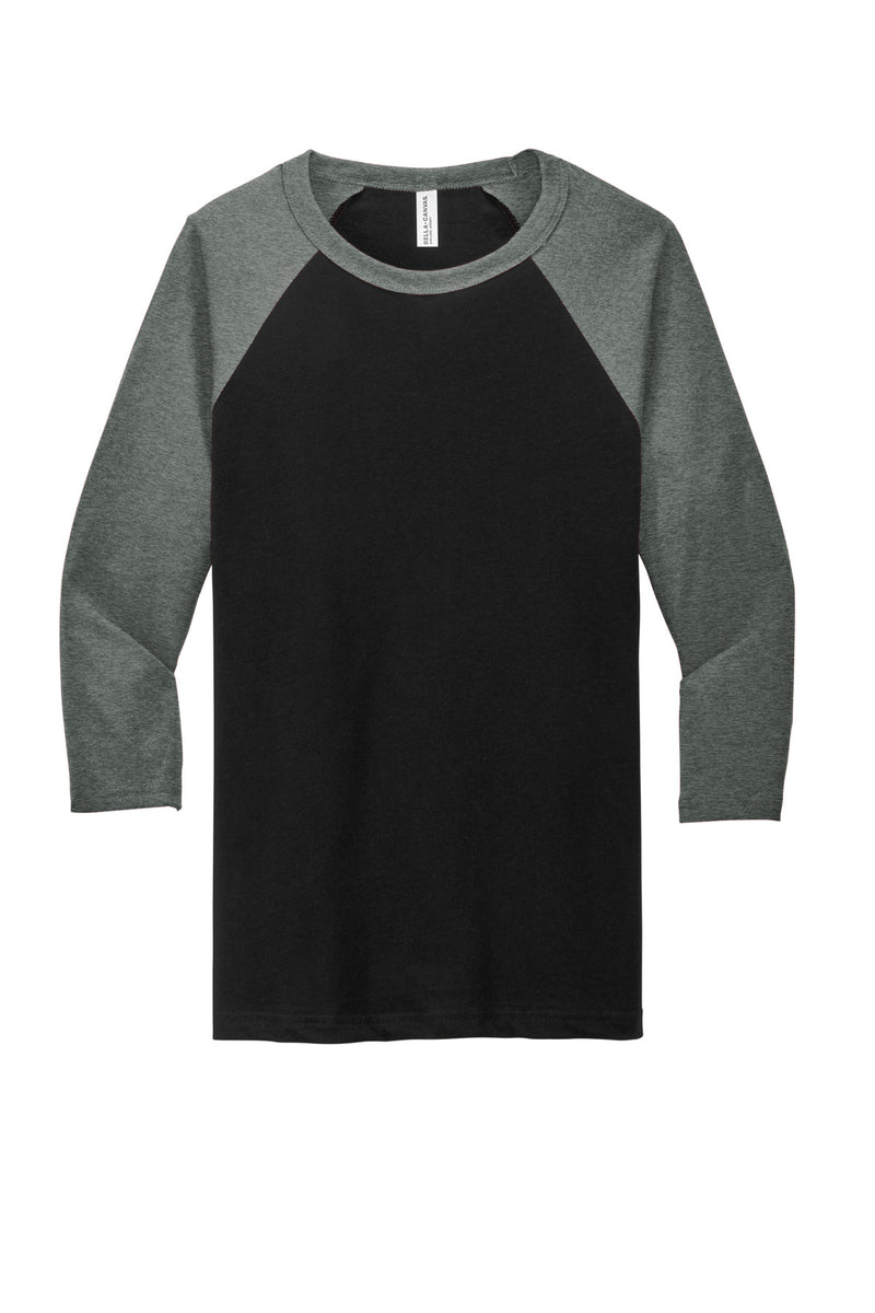 BELLA+CANVAS  Unisex 3/4-Sleeve Baseball Tee - Black/ Deep Heather