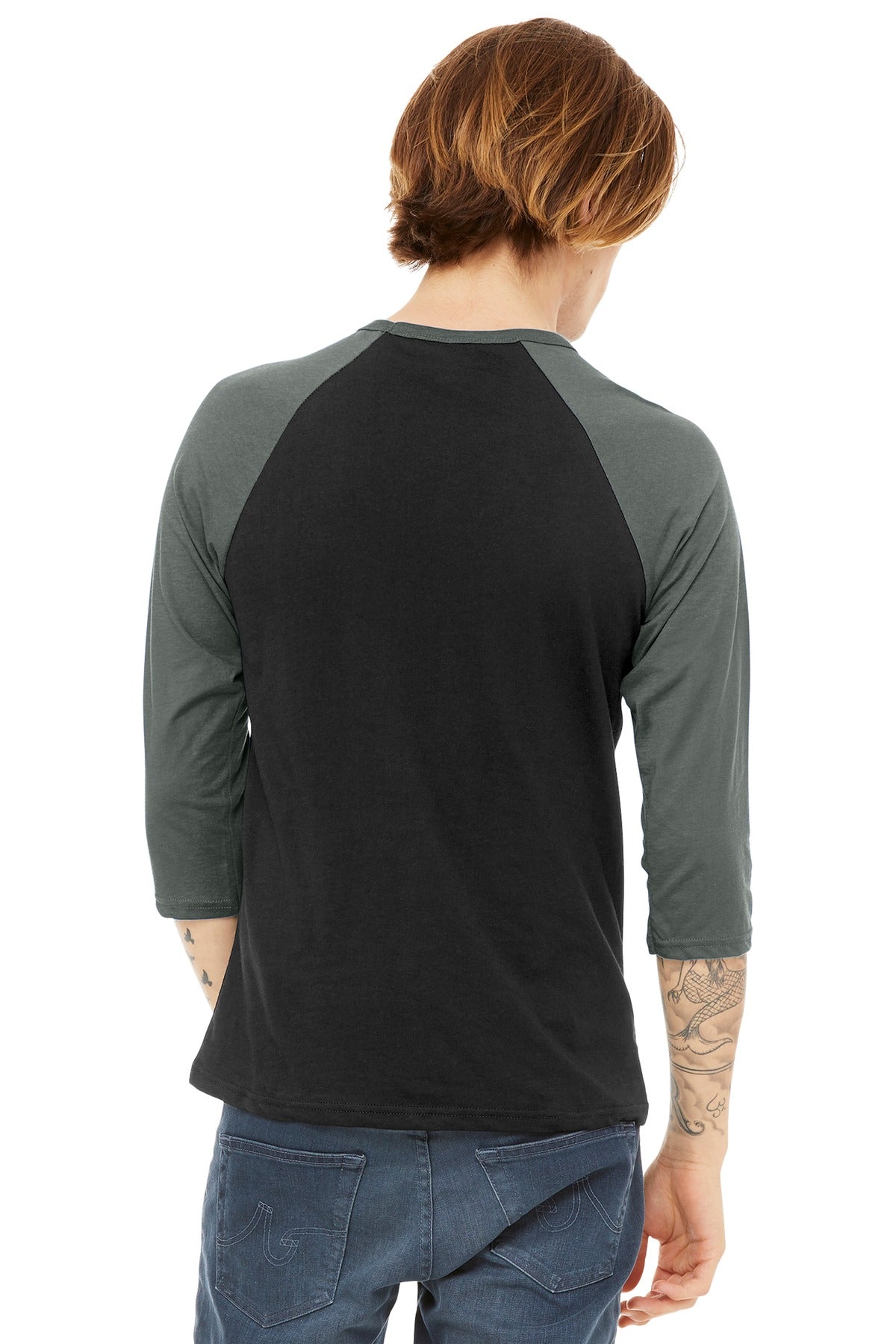 BELLA+CANVAS  Unisex 3/4-Sleeve Baseball Tee - Black/ Deep Heather