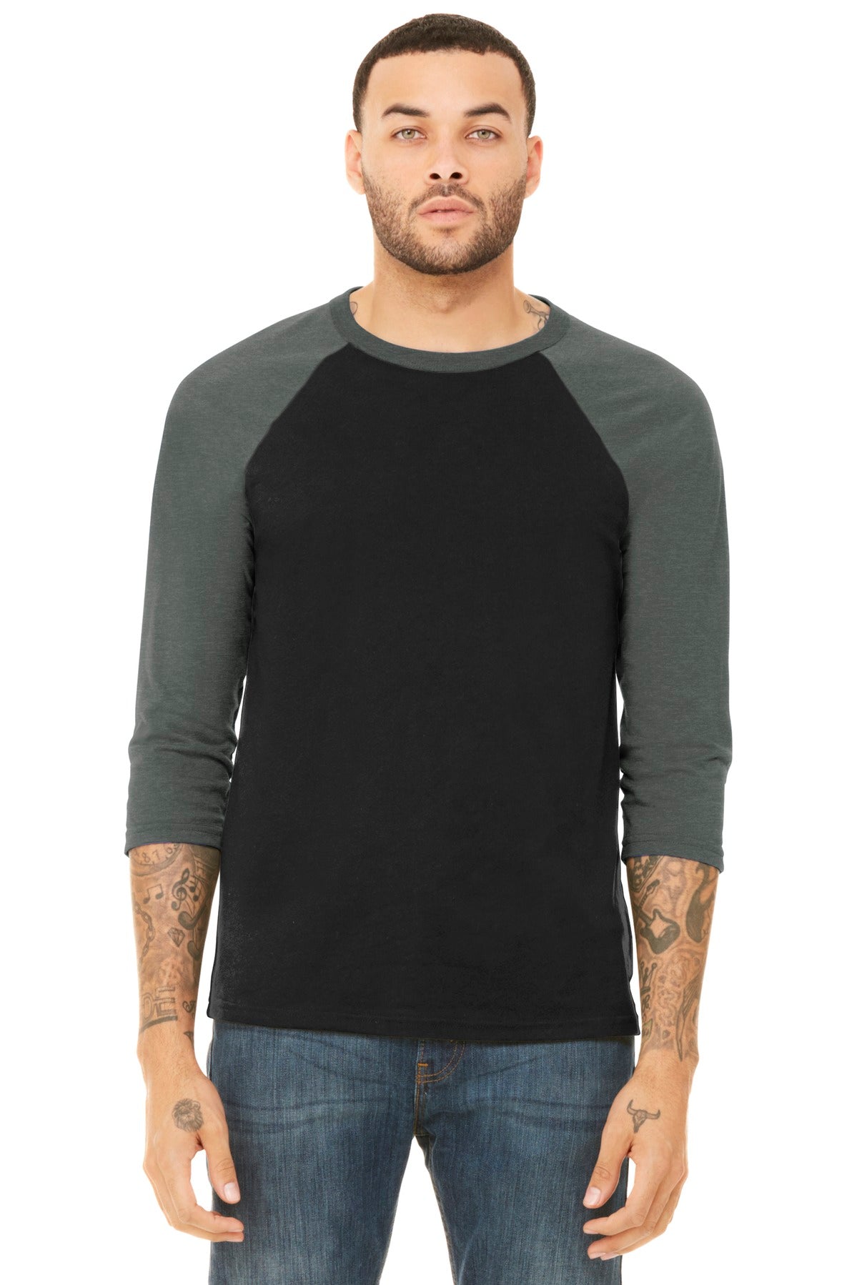BELLA+CANVAS  Unisex 3/4-Sleeve Baseball Tee - Black/ Deep Heather