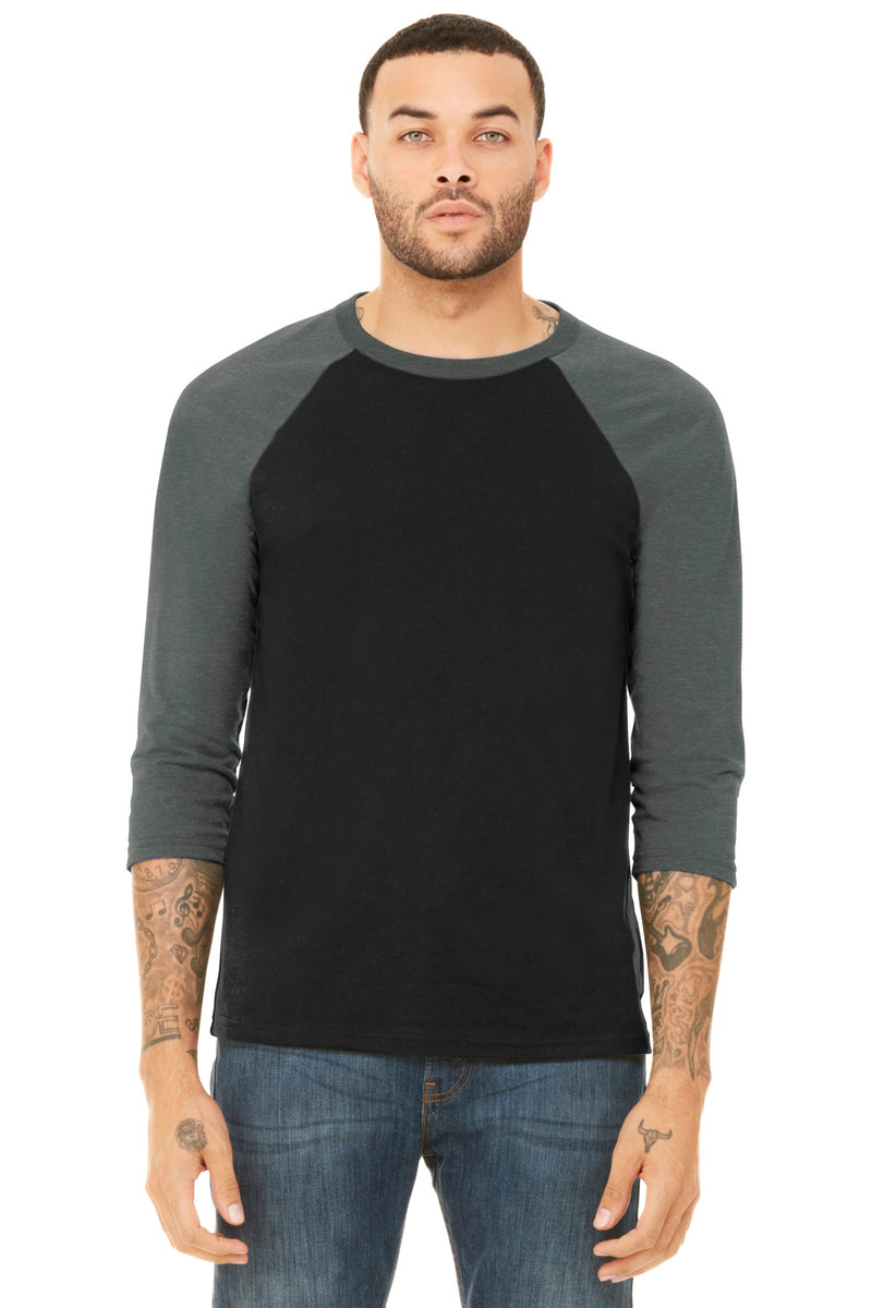 BELLA+CANVAS  Unisex 3/4-Sleeve Baseball Tee - Black/ Deep Heather