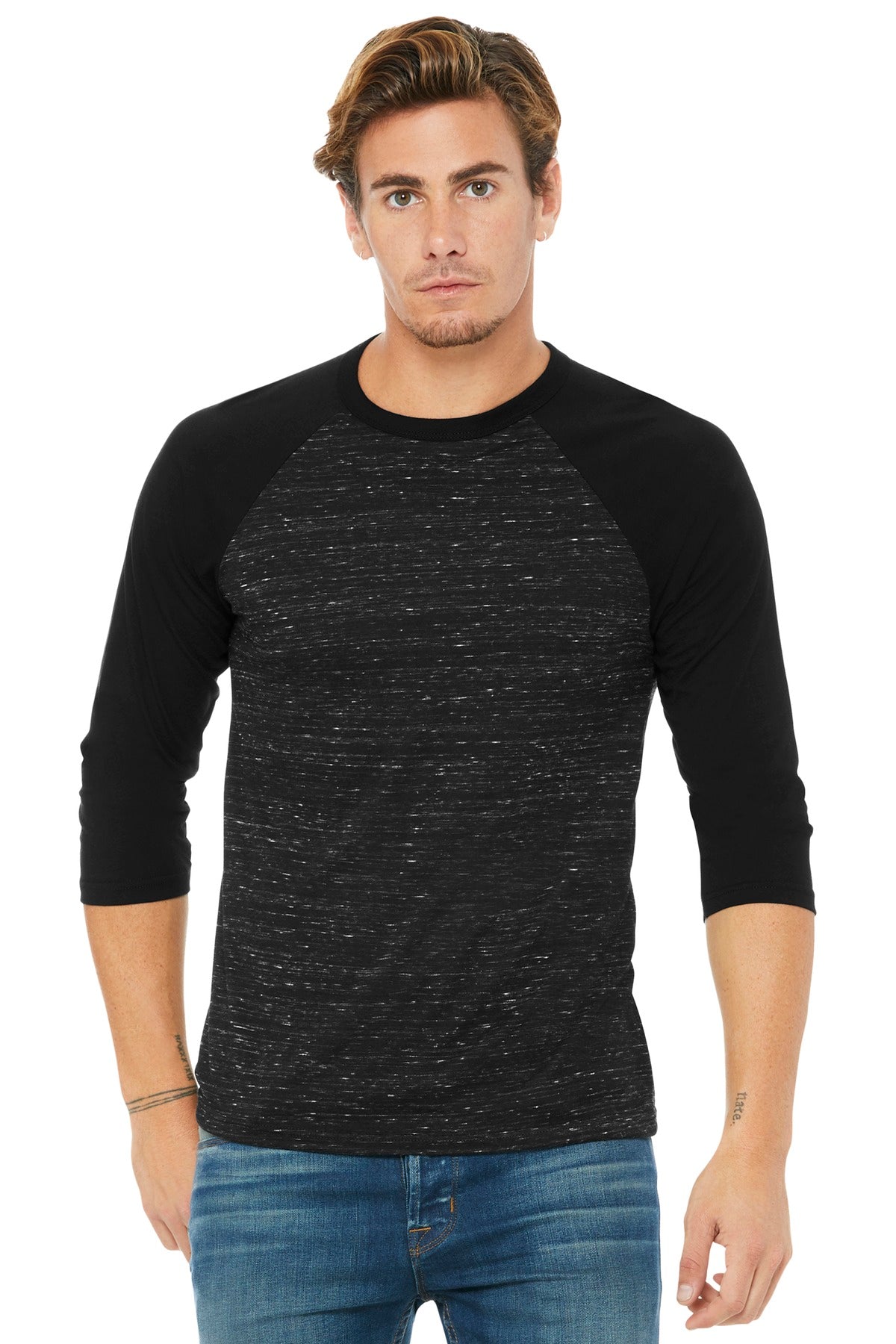 BELLA+CANVAS  Unisex 3/4-Sleeve Baseball Tee - Black Marble/ Black