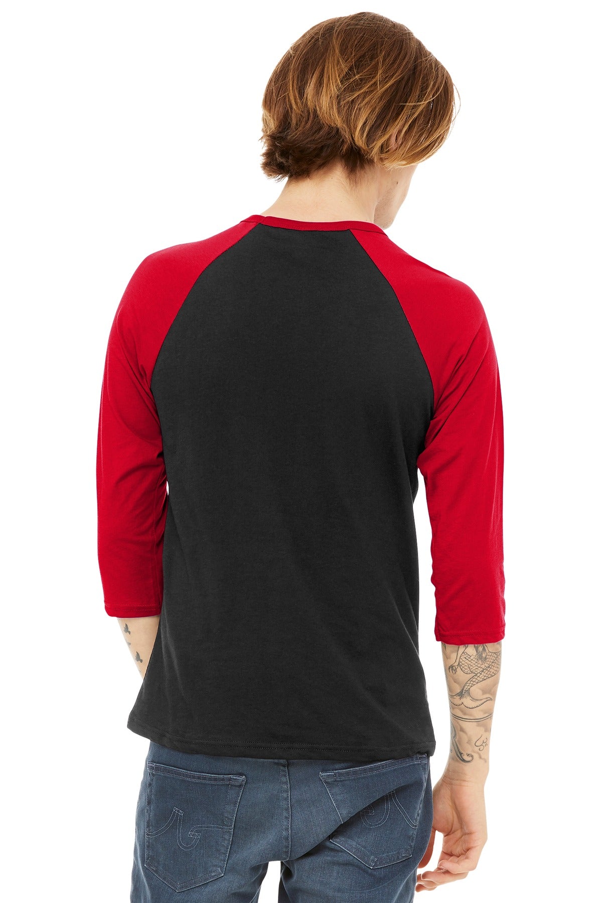 BELLA+CANVAS  Unisex 3/4-Sleeve Baseball Tee - Black/ Red