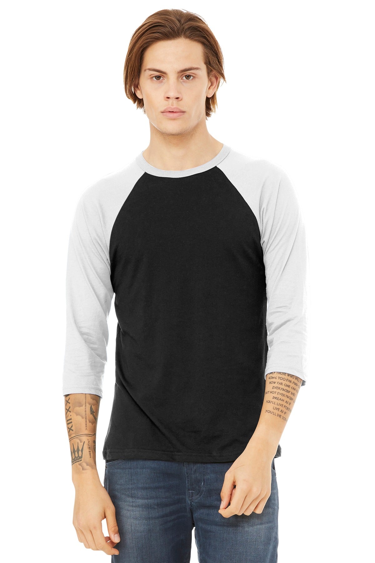 BELLA+CANVAS  Unisex 3/4-Sleeve Baseball Tee - Black/ White