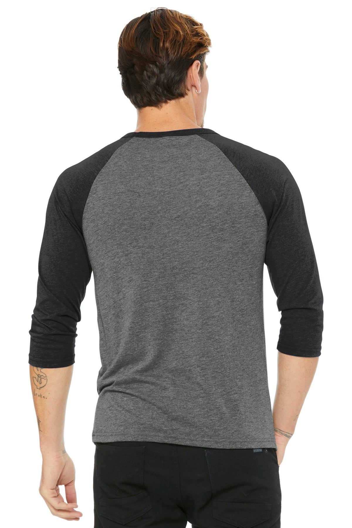 BELLA+CANVAS  Unisex 3/4-Sleeve Baseball Tee - Grey/ Charcoal-Black Triblend