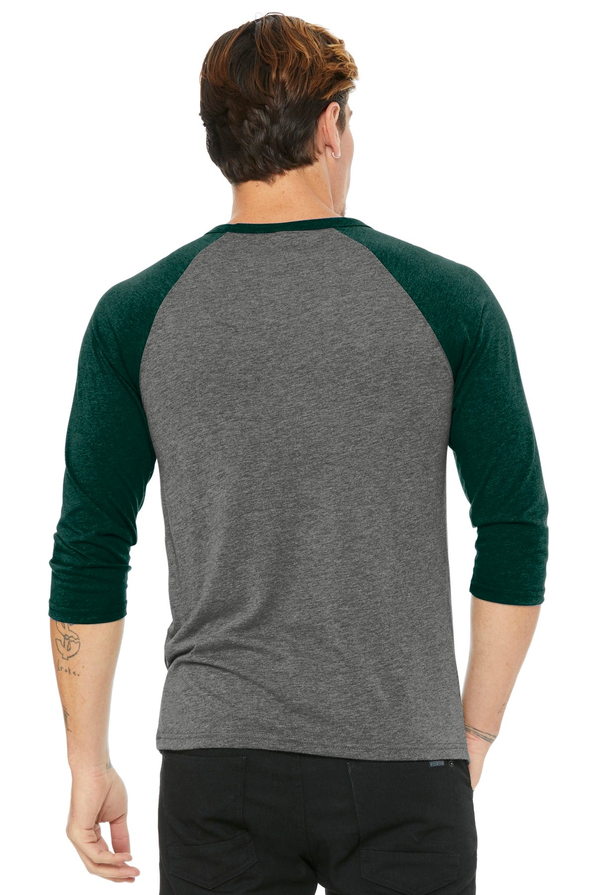 BELLA+CANVAS  Unisex 3/4-Sleeve Baseball Tee - Grey/ Emerald Triblend
