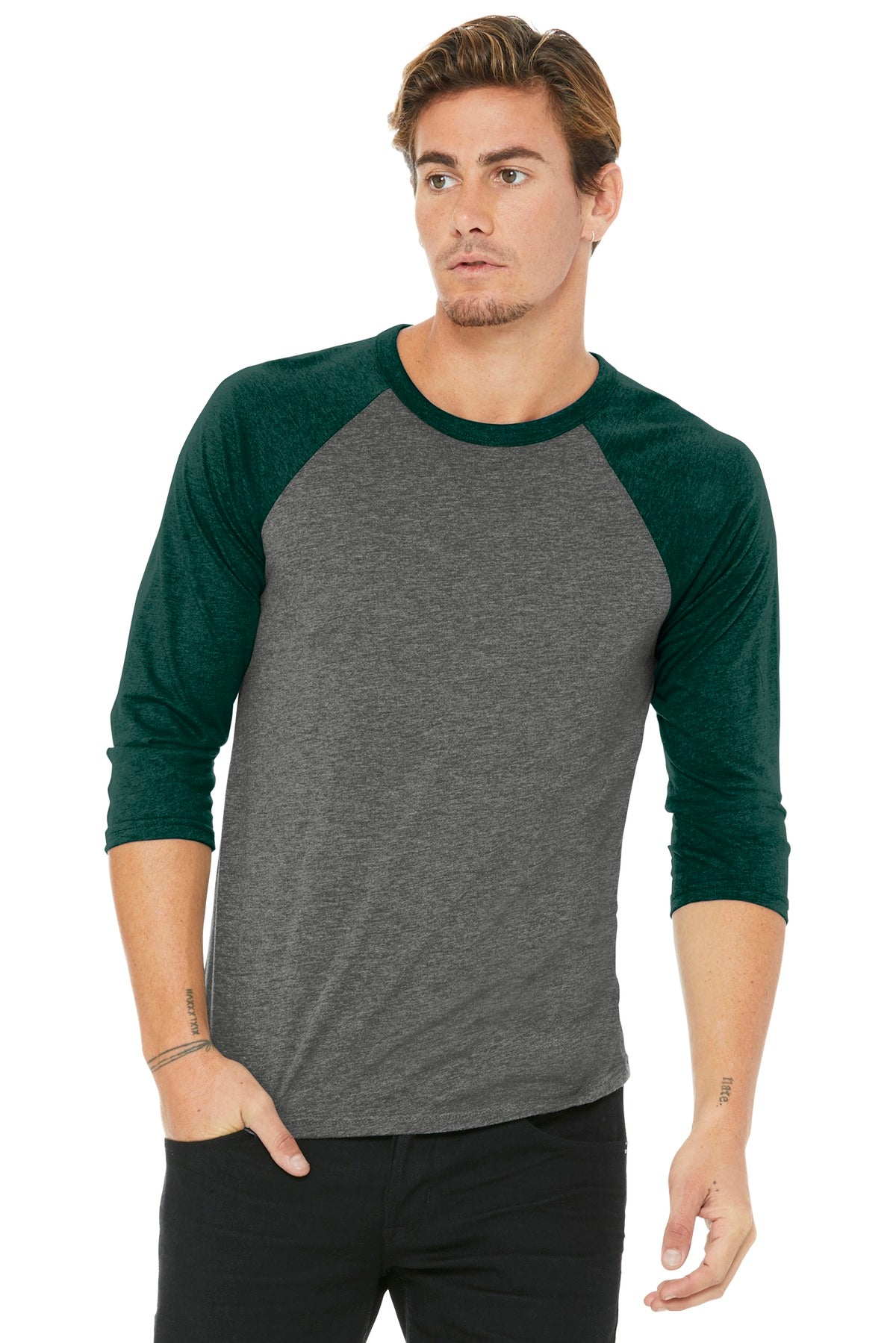 BELLA+CANVAS  Unisex 3/4-Sleeve Baseball Tee - Grey/ Emerald Triblend
