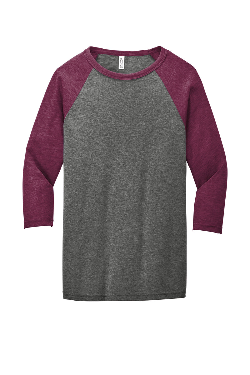 BELLA+CANVAS  Unisex 3/4-Sleeve Baseball Tee - Grey/ Maroon Triblend