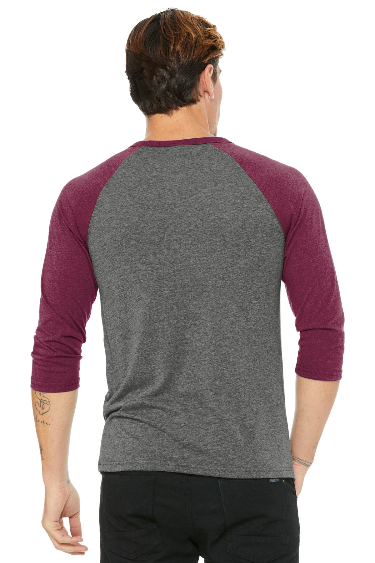 BELLA+CANVAS  Unisex 3/4-Sleeve Baseball Tee - Grey/ Maroon Triblend