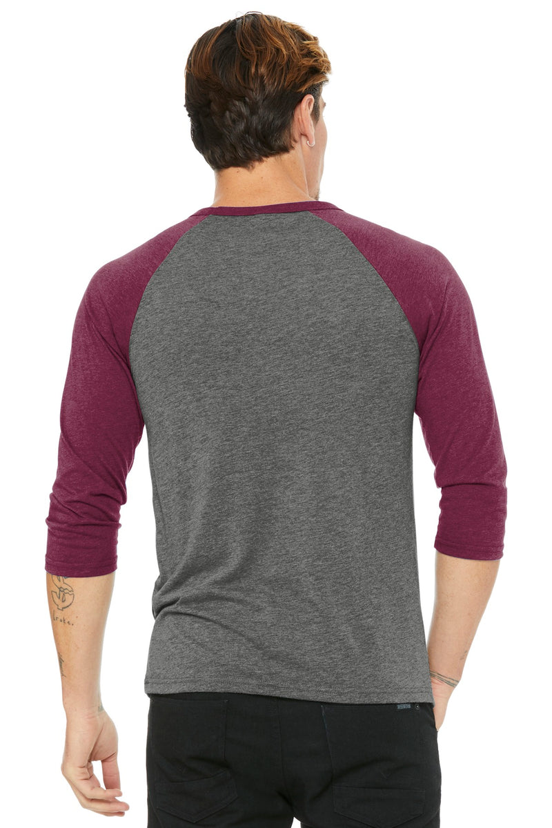 BELLA+CANVAS  Unisex 3/4-Sleeve Baseball Tee - Grey/ Maroon Triblend