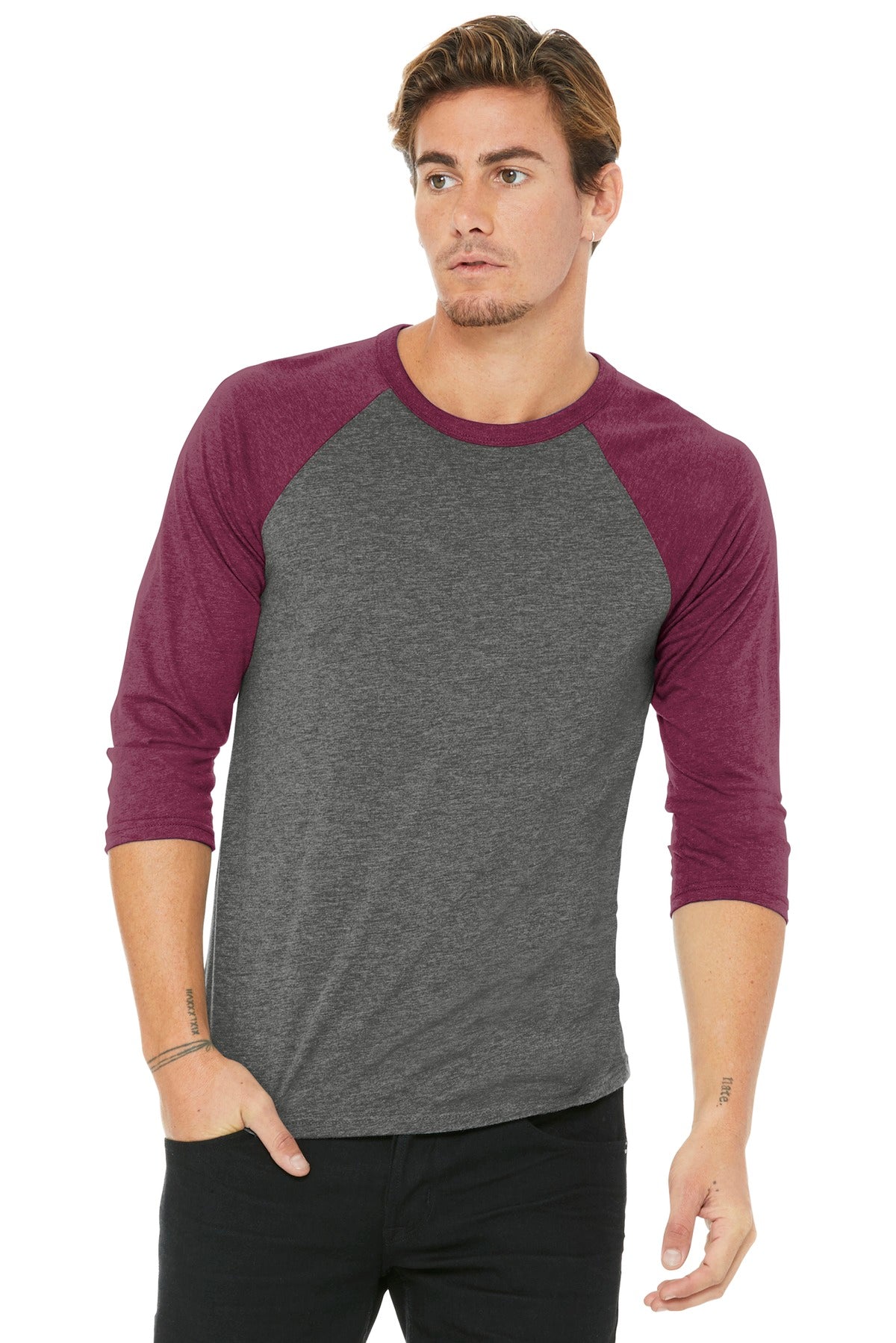 BELLA+CANVAS  Unisex 3/4-Sleeve Baseball Tee - Grey/ Maroon Triblend